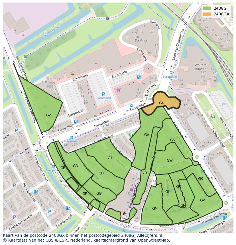 Afbeelding van het postcodegebied 2408 GX op de kaart.