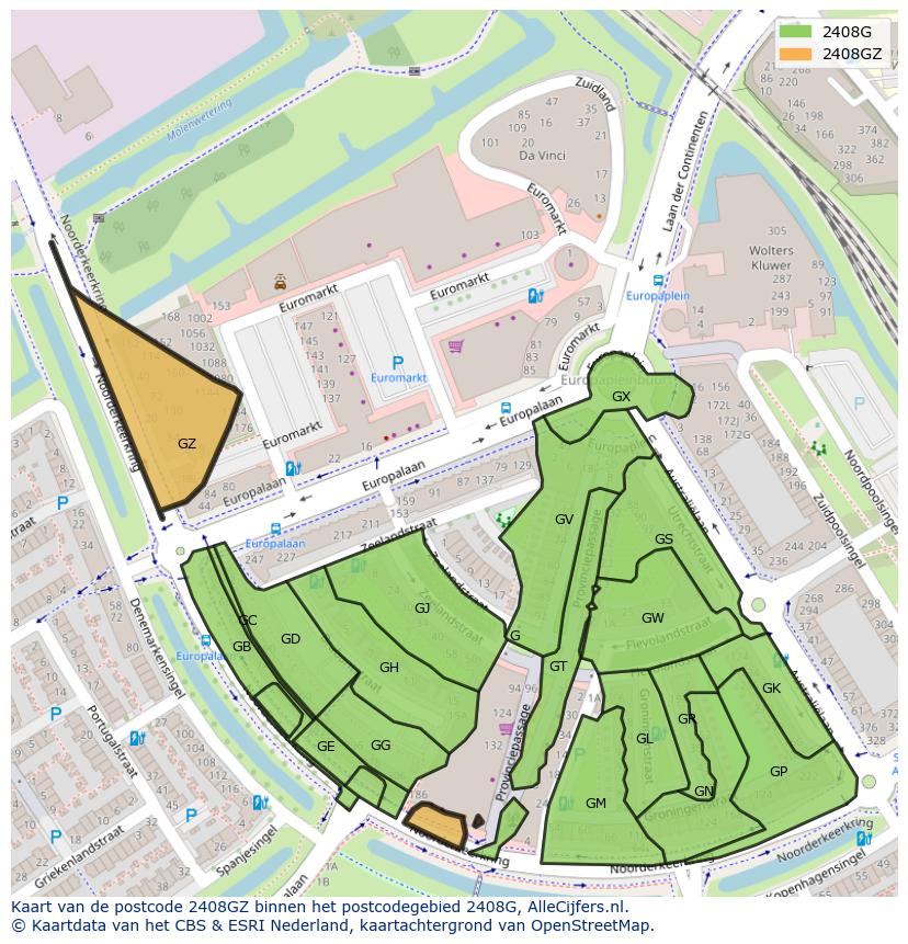 Afbeelding van het postcodegebied 2408 GZ op de kaart.