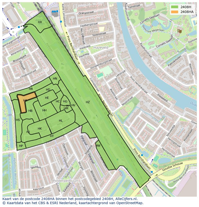 Afbeelding van het postcodegebied 2408 HA op de kaart.