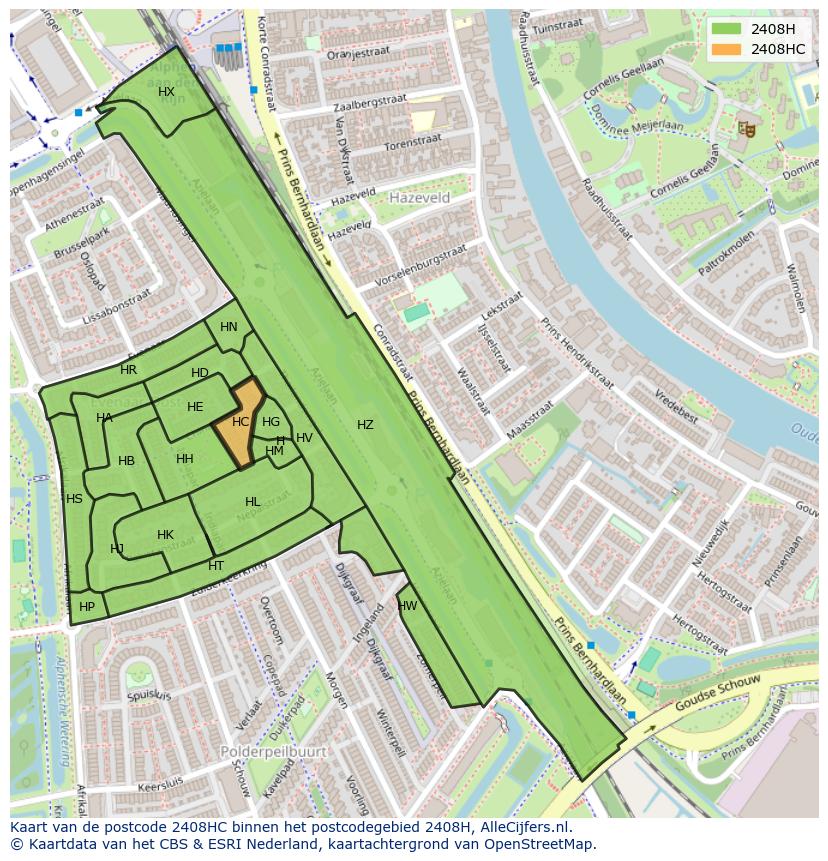 Afbeelding van het postcodegebied 2408 HC op de kaart.