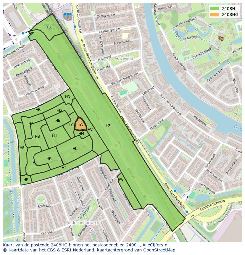 Afbeelding van het postcodegebied 2408 HG op de kaart.