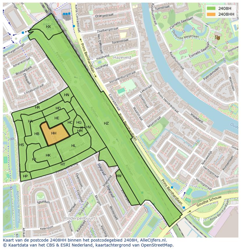 Afbeelding van het postcodegebied 2408 HH op de kaart.
