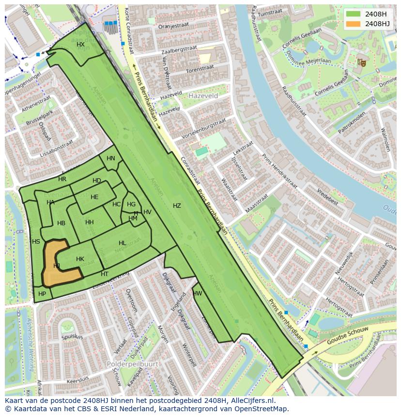 Afbeelding van het postcodegebied 2408 HJ op de kaart.