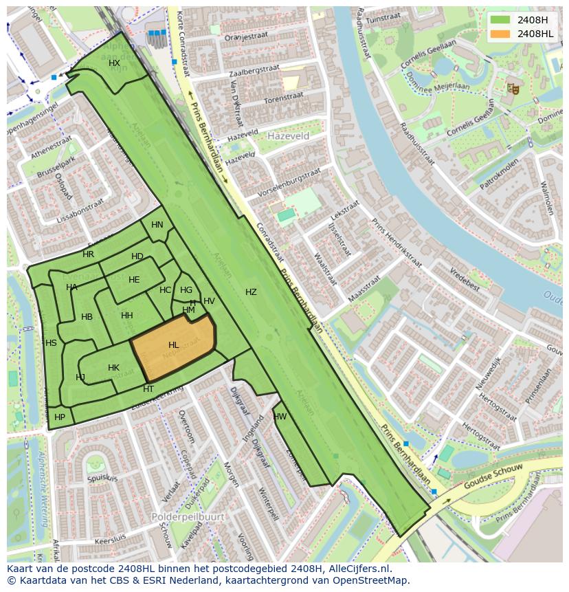 Afbeelding van het postcodegebied 2408 HL op de kaart.