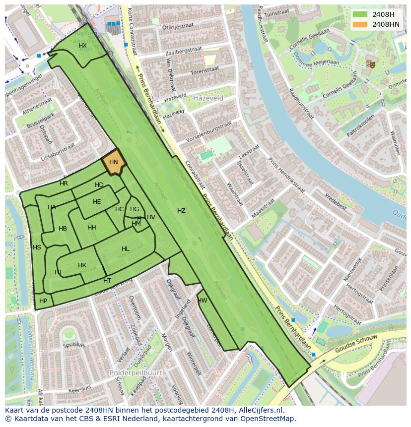 Afbeelding van het postcodegebied 2408 HN op de kaart.
