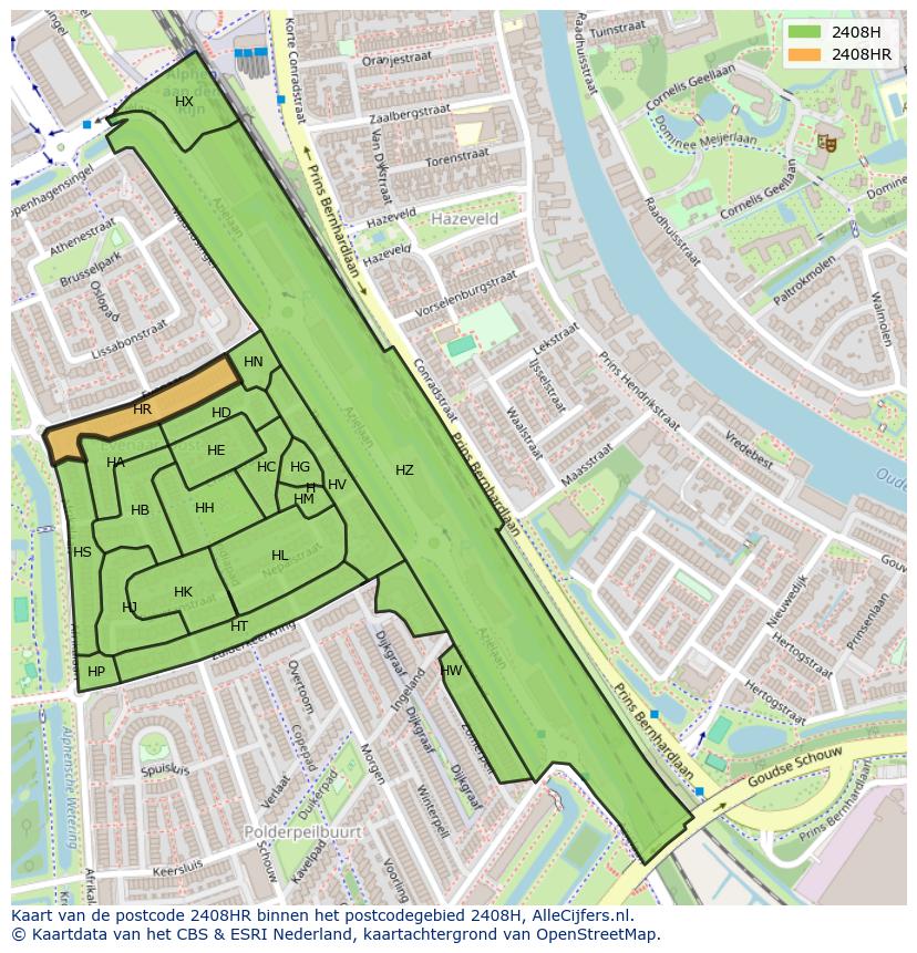 Afbeelding van het postcodegebied 2408 HR op de kaart.