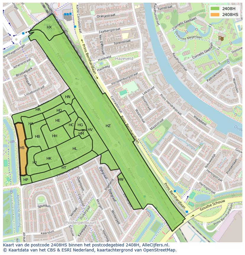 Afbeelding van het postcodegebied 2408 HS op de kaart.