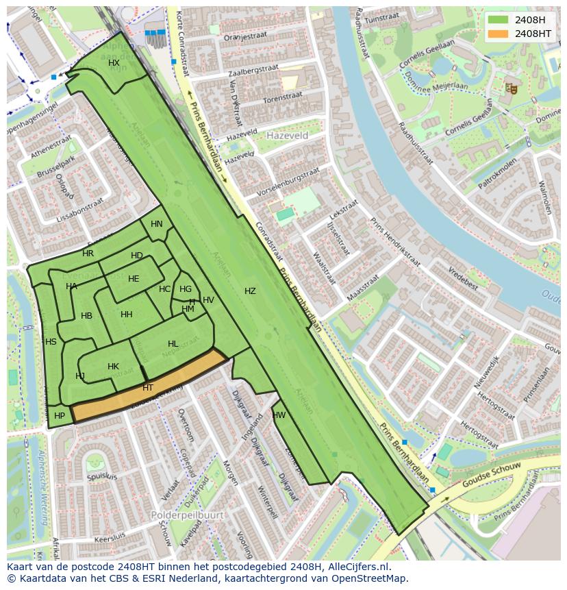 Afbeelding van het postcodegebied 2408 HT op de kaart.