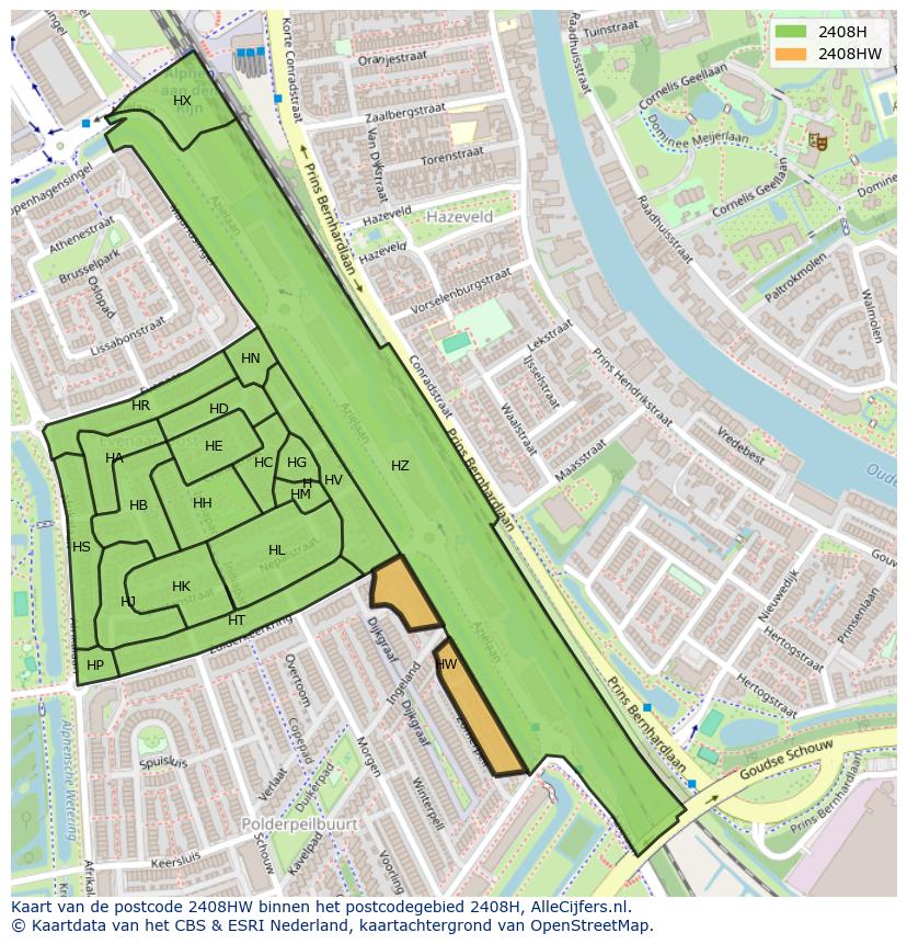 Afbeelding van het postcodegebied 2408 HW op de kaart.