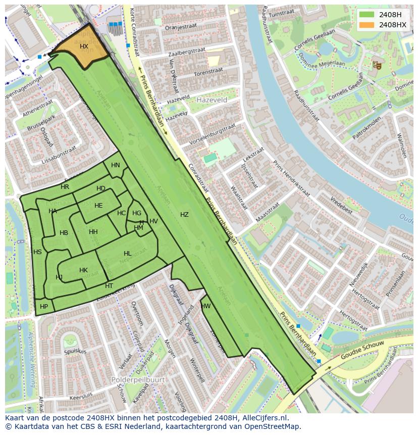 Afbeelding van het postcodegebied 2408 HX op de kaart.