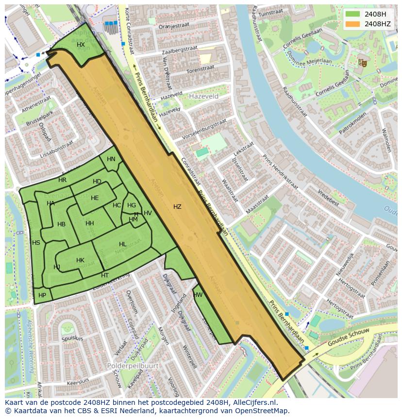 Afbeelding van het postcodegebied 2408 HZ op de kaart.