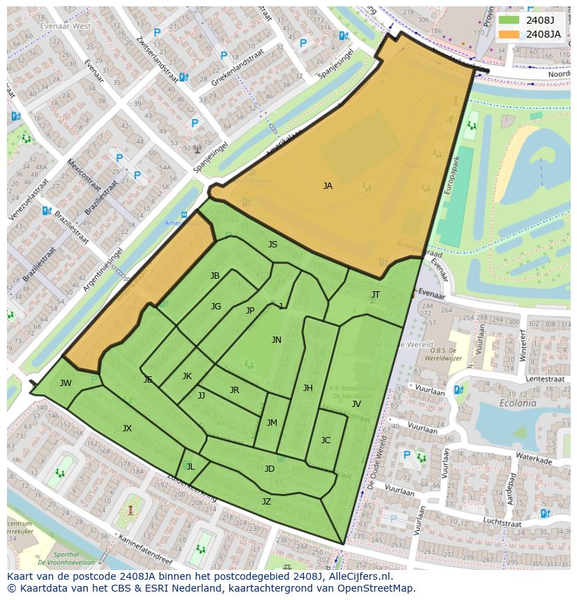Afbeelding van het postcodegebied 2408 JA op de kaart.
