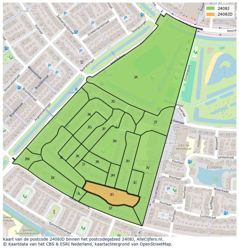 Afbeelding van het postcodegebied 2408 JD op de kaart.