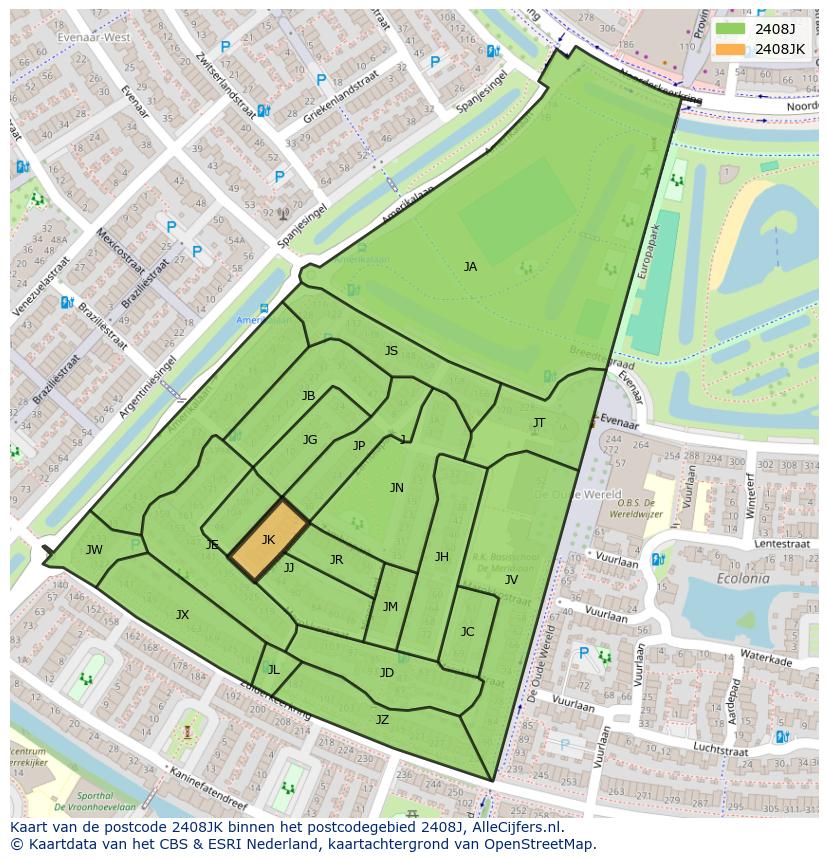 Afbeelding van het postcodegebied 2408 JK op de kaart.