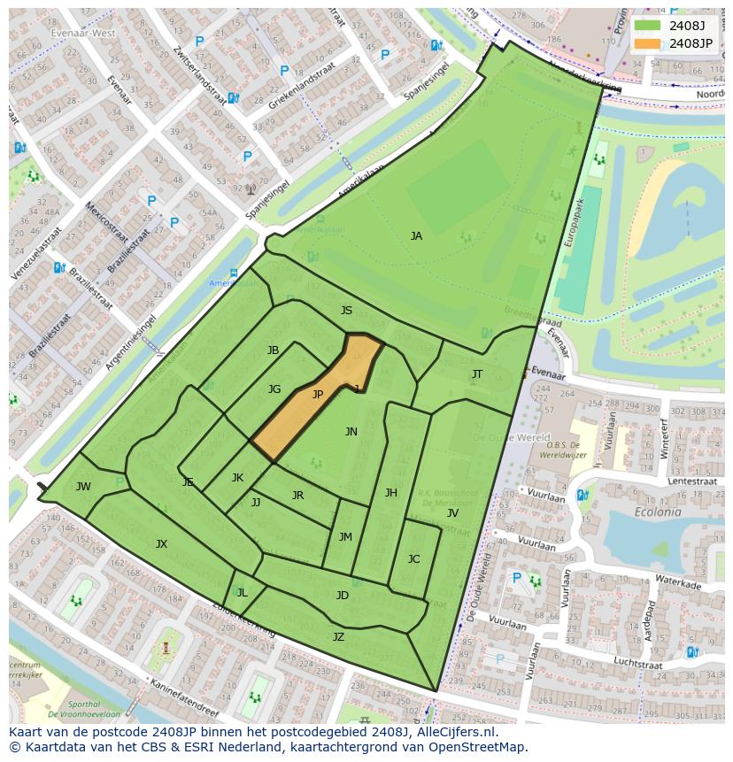 Afbeelding van het postcodegebied 2408 JP op de kaart.