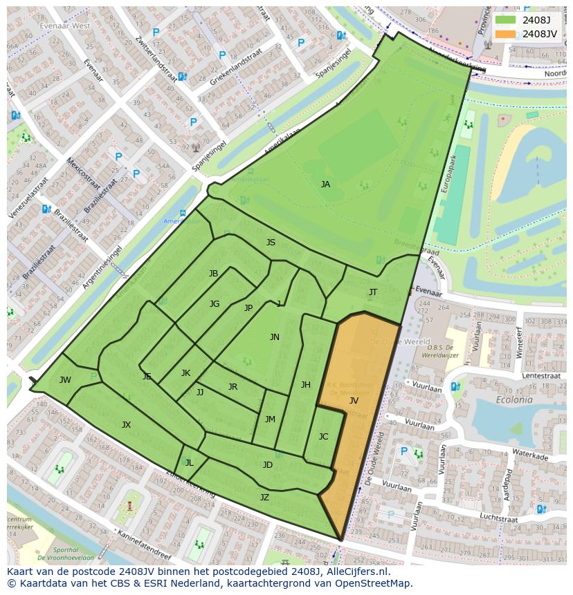 Afbeelding van het postcodegebied 2408 JV op de kaart.