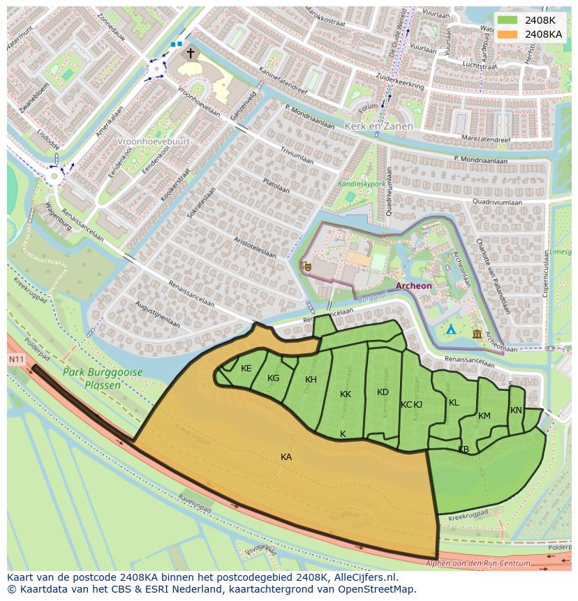 Afbeelding van het postcodegebied 2408 KA op de kaart.