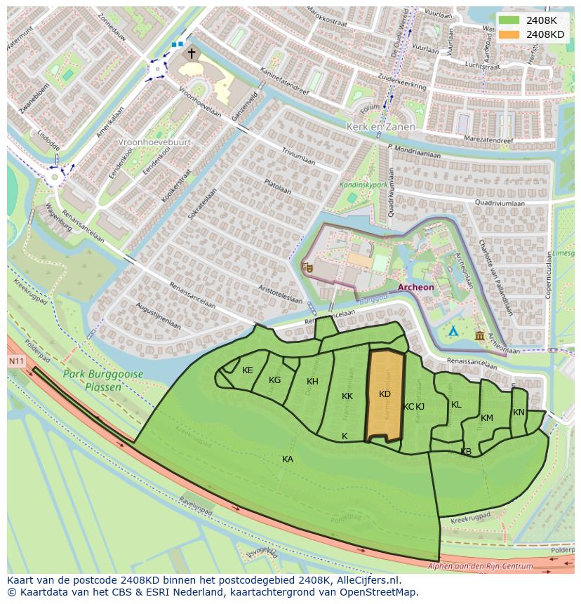 Afbeelding van het postcodegebied 2408 KD op de kaart.