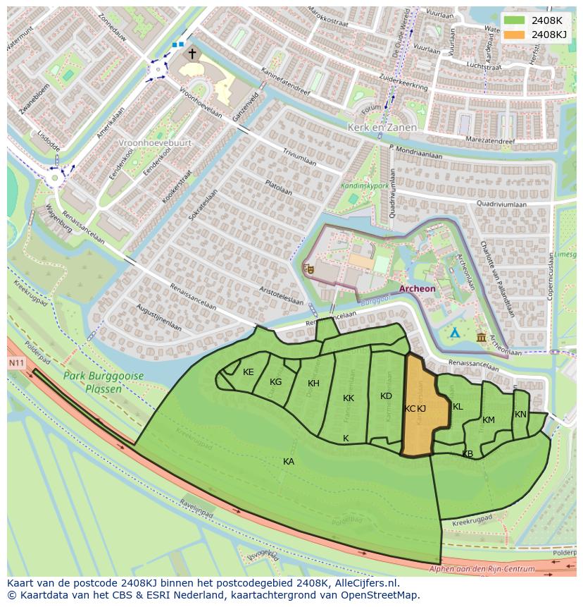 Afbeelding van het postcodegebied 2408 KJ op de kaart.