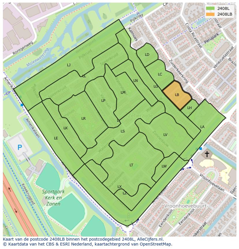 Afbeelding van het postcodegebied 2408 LB op de kaart.