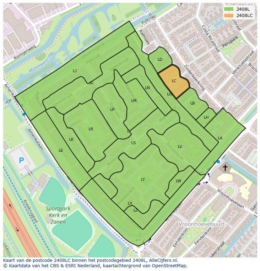 Afbeelding van het postcodegebied 2408 LC op de kaart.