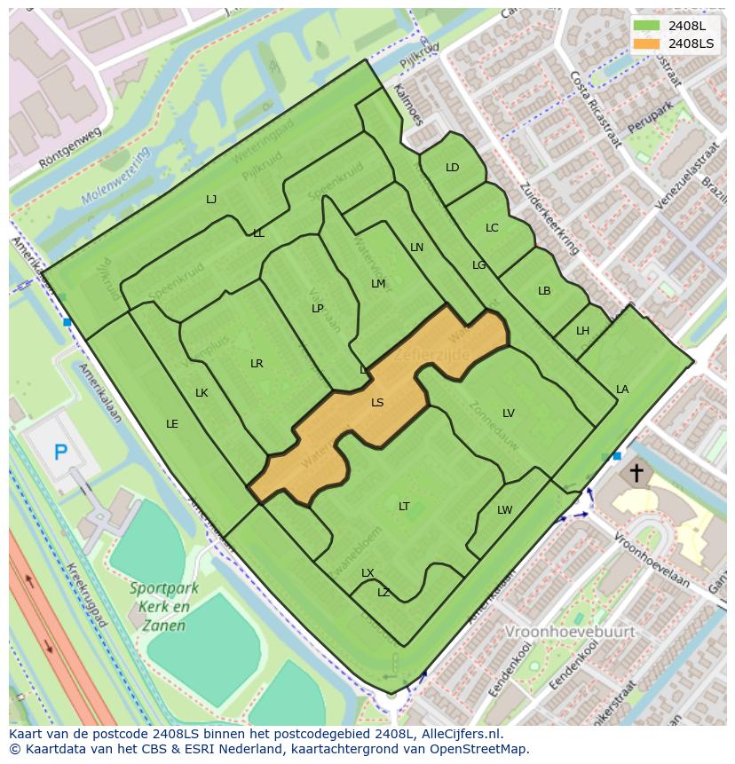Afbeelding van het postcodegebied 2408 LS op de kaart.