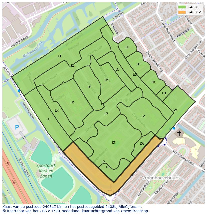 Afbeelding van het postcodegebied 2408 LZ op de kaart.