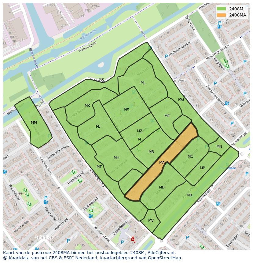 Afbeelding van het postcodegebied 2408 MA op de kaart.