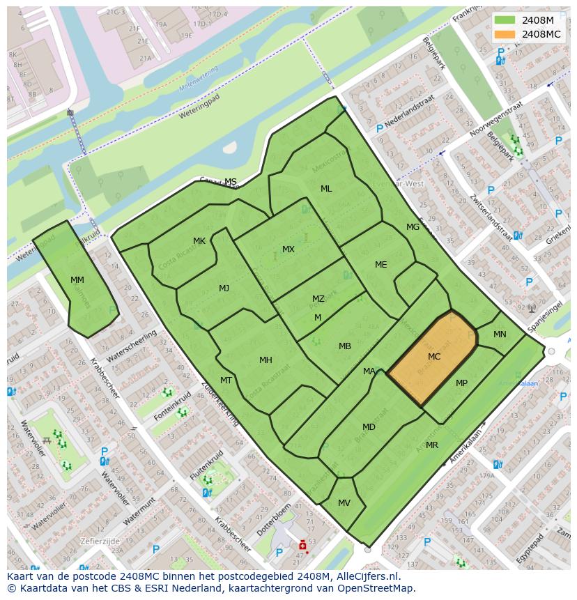 Afbeelding van het postcodegebied 2408 MC op de kaart.