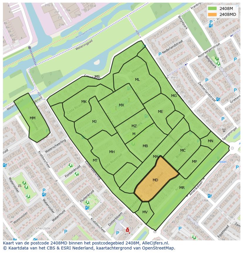Afbeelding van het postcodegebied 2408 MD op de kaart.