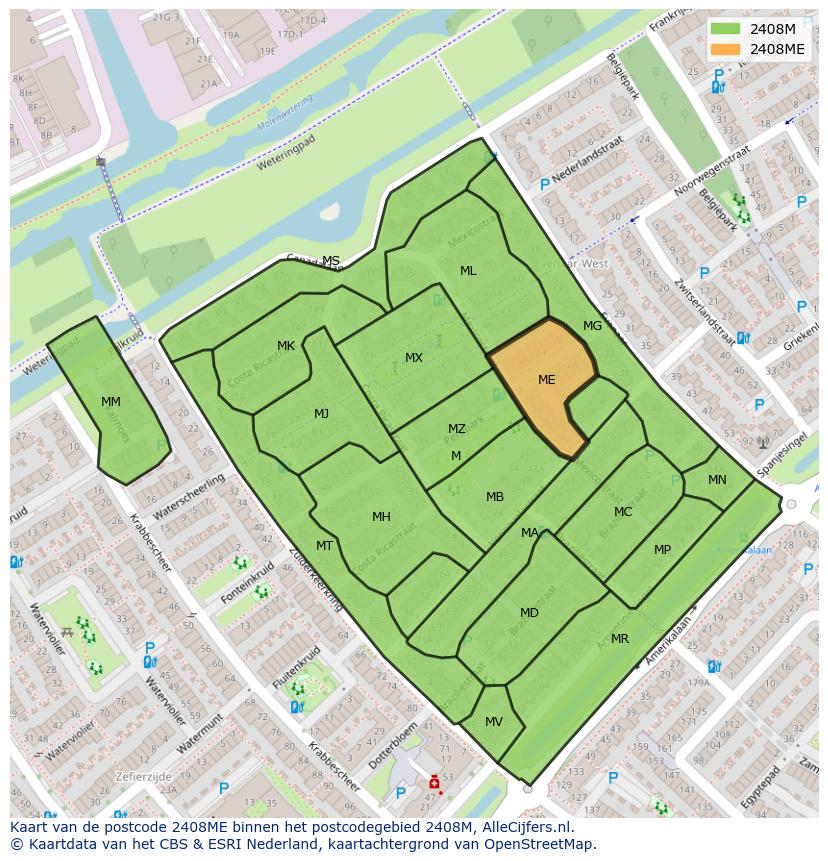 Afbeelding van het postcodegebied 2408 ME op de kaart.
