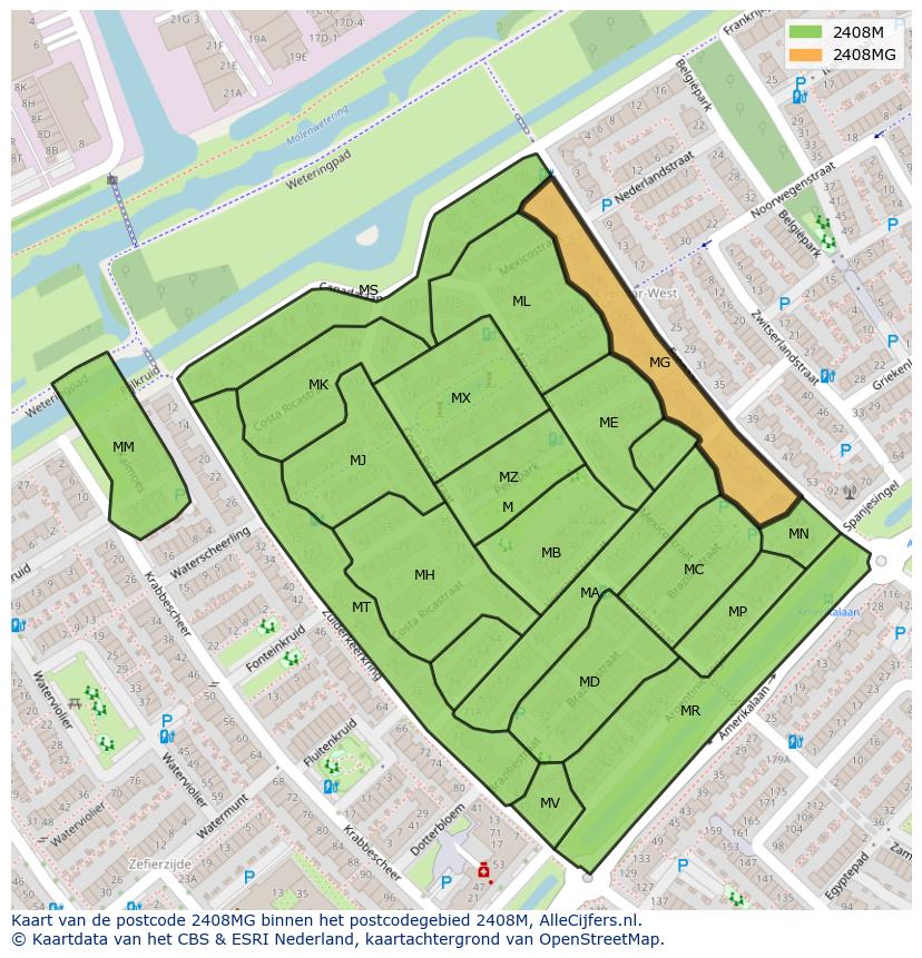 Afbeelding van het postcodegebied 2408 MG op de kaart.
