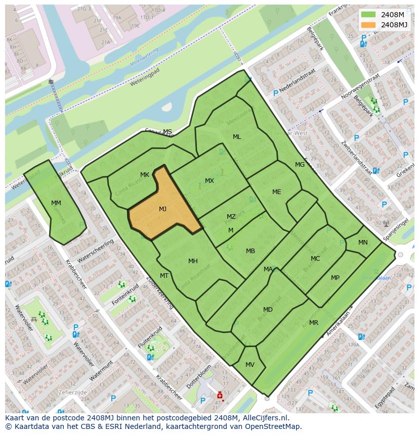 Afbeelding van het postcodegebied 2408 MJ op de kaart.