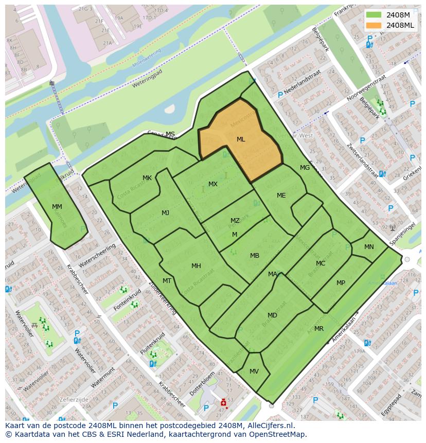 Afbeelding van het postcodegebied 2408 ML op de kaart.
