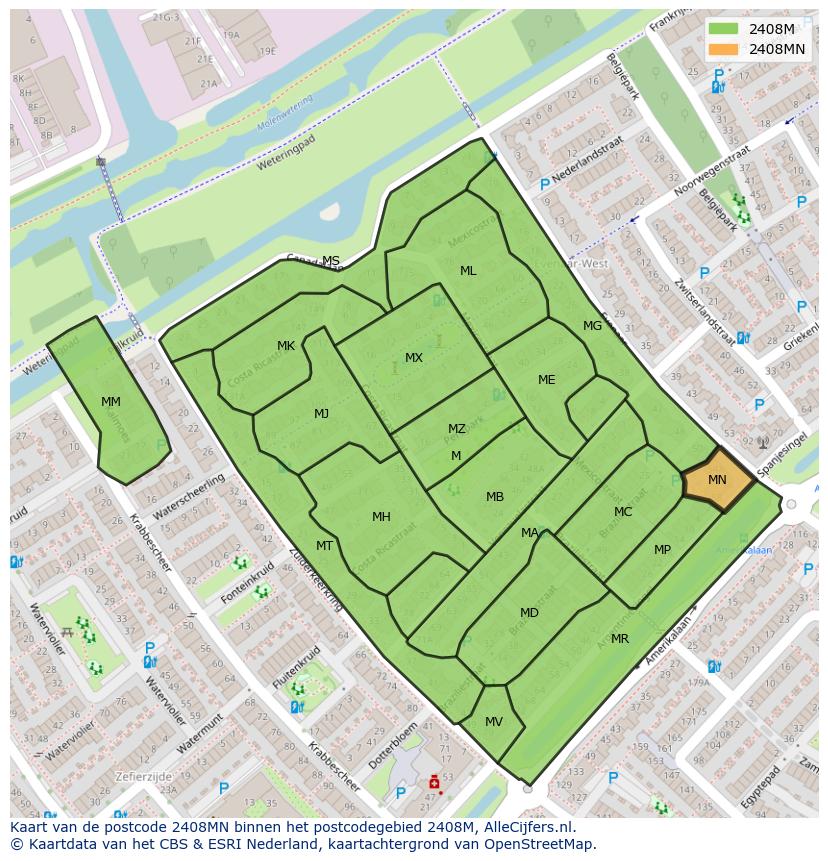Afbeelding van het postcodegebied 2408 MN op de kaart.