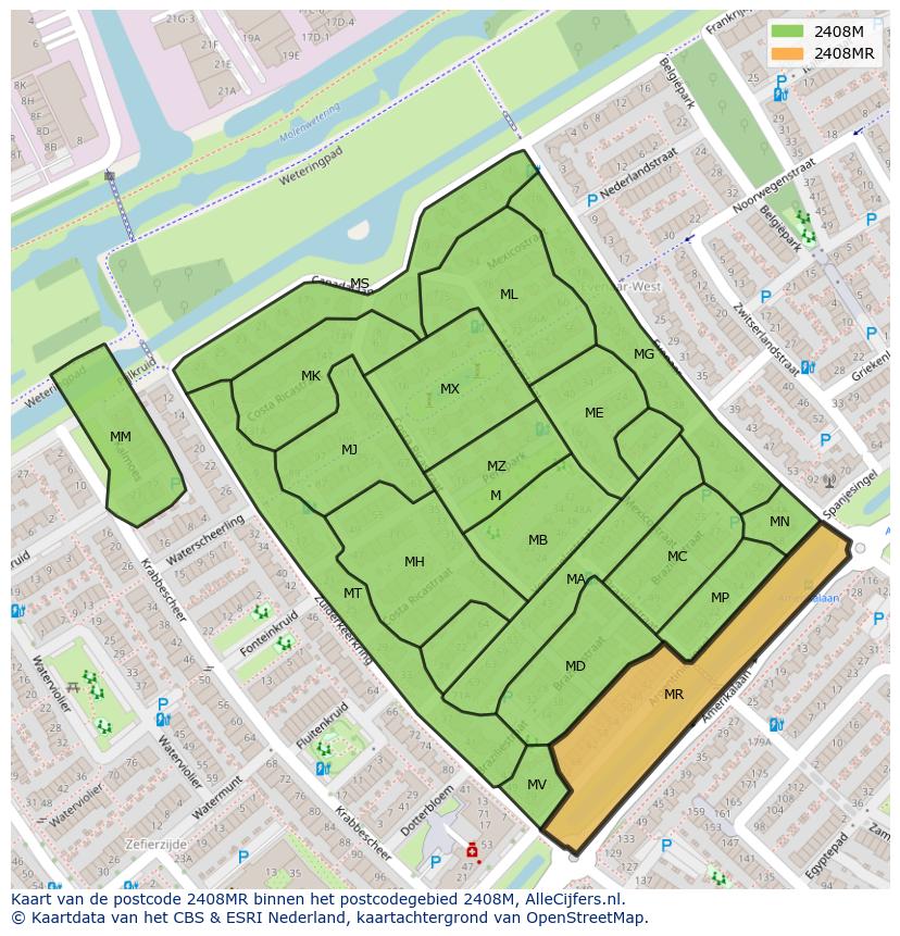 Afbeelding van het postcodegebied 2408 MR op de kaart.