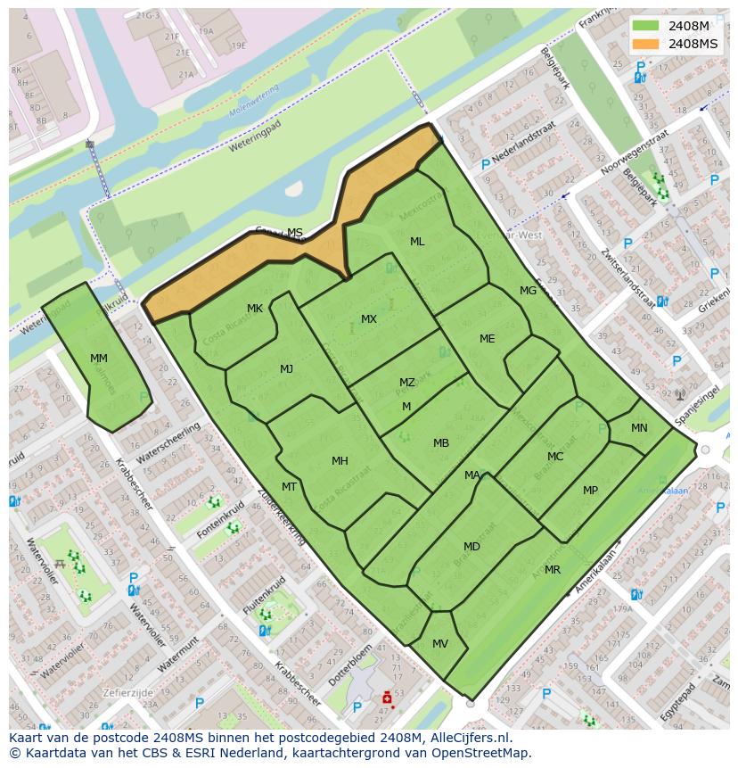 Afbeelding van het postcodegebied 2408 MS op de kaart.