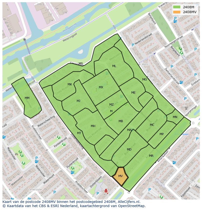 Afbeelding van het postcodegebied 2408 MV op de kaart.