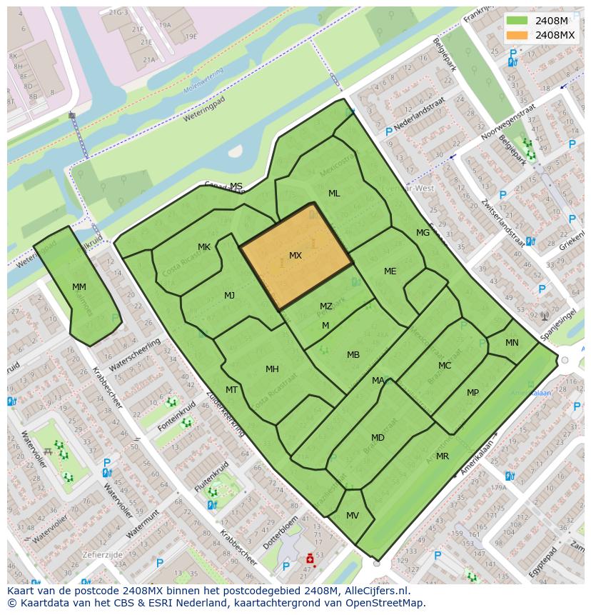 Afbeelding van het postcodegebied 2408 MX op de kaart.
