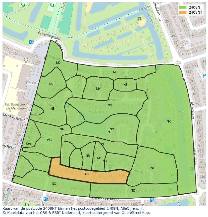Afbeelding van het postcodegebied 2408 NT op de kaart.