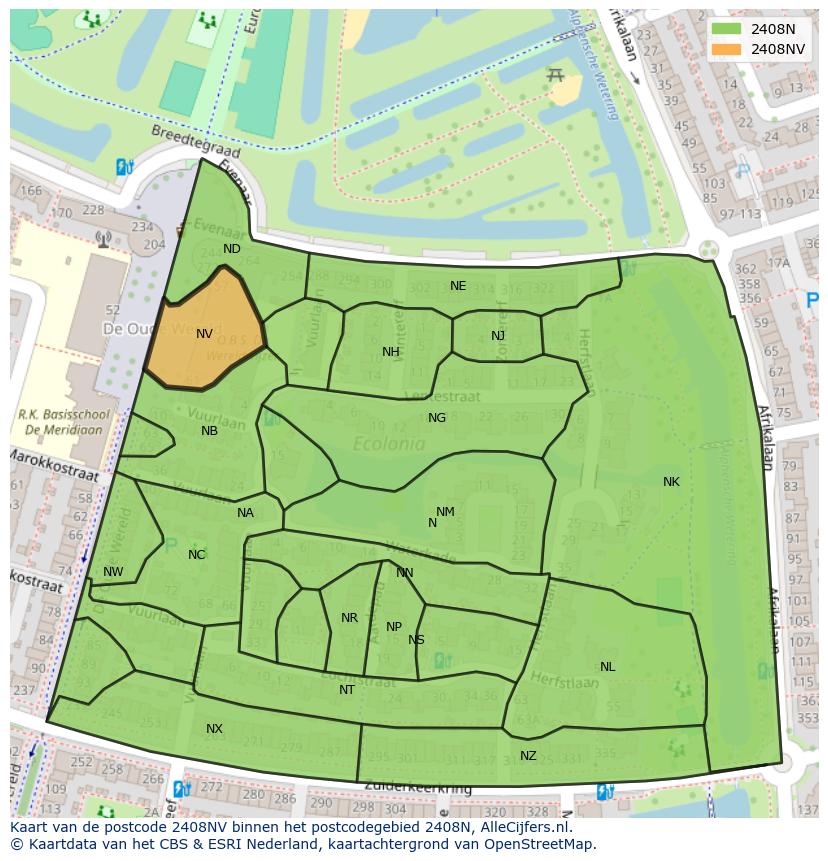 Afbeelding van het postcodegebied 2408 NV op de kaart.