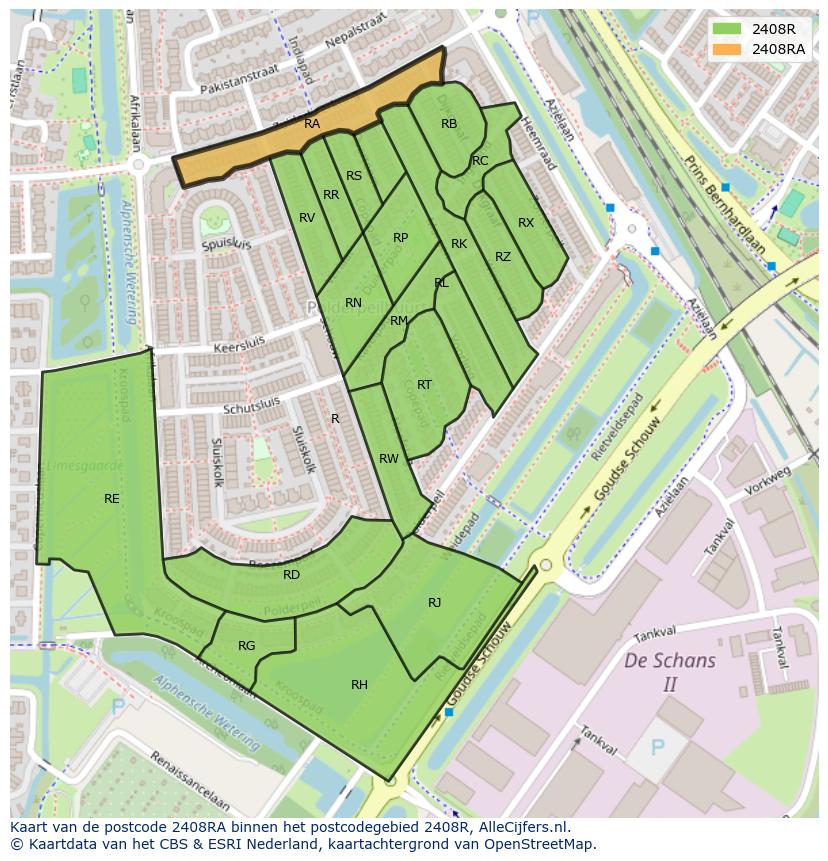 Afbeelding van het postcodegebied 2408 RA op de kaart.