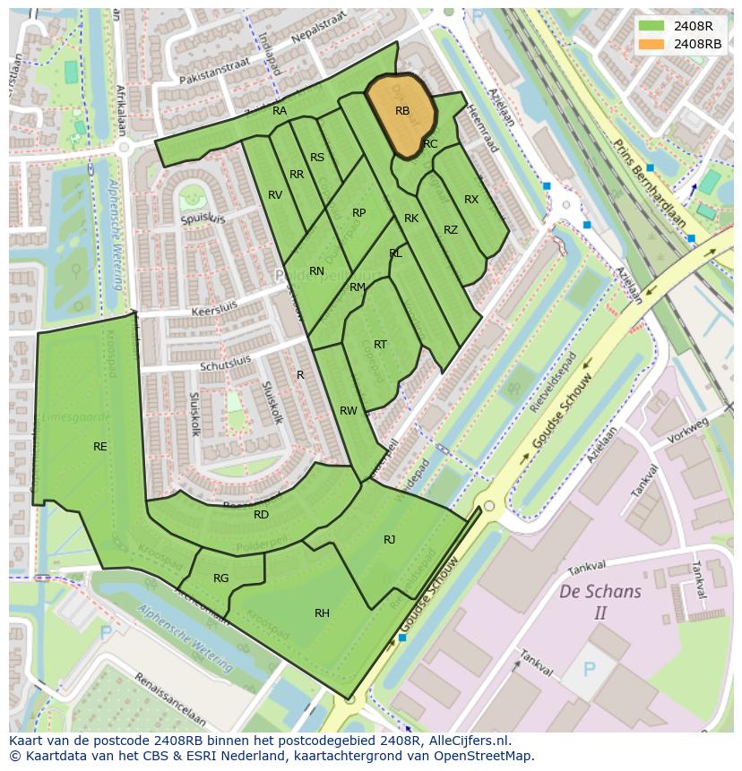 Afbeelding van het postcodegebied 2408 RB op de kaart.