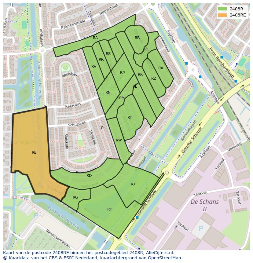Afbeelding van het postcodegebied 2408 RE op de kaart.