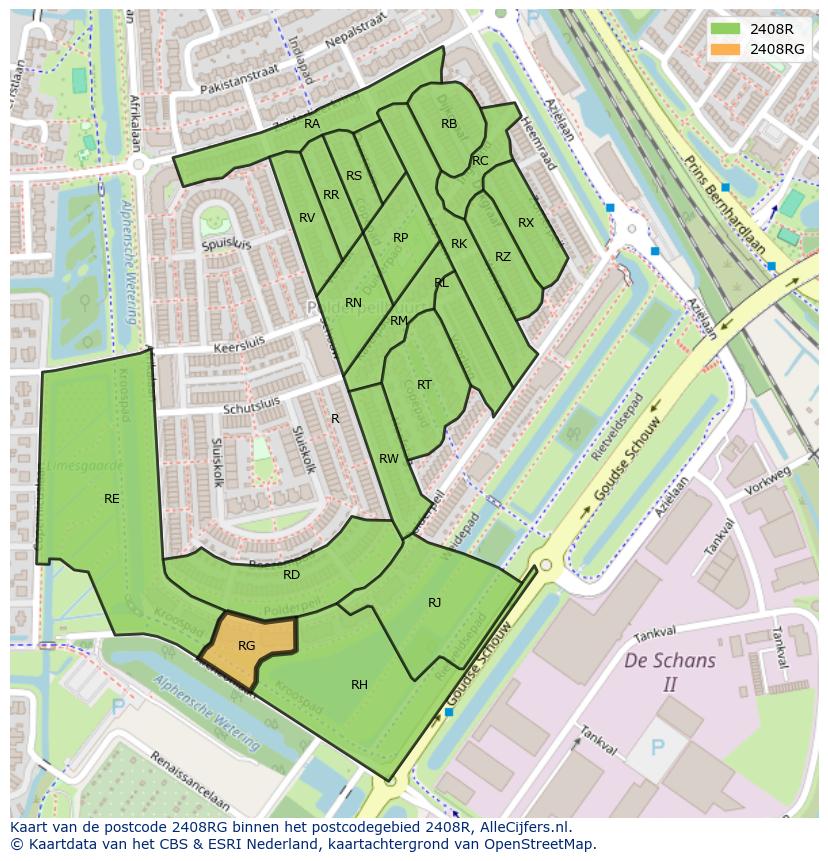 Afbeelding van het postcodegebied 2408 RG op de kaart.