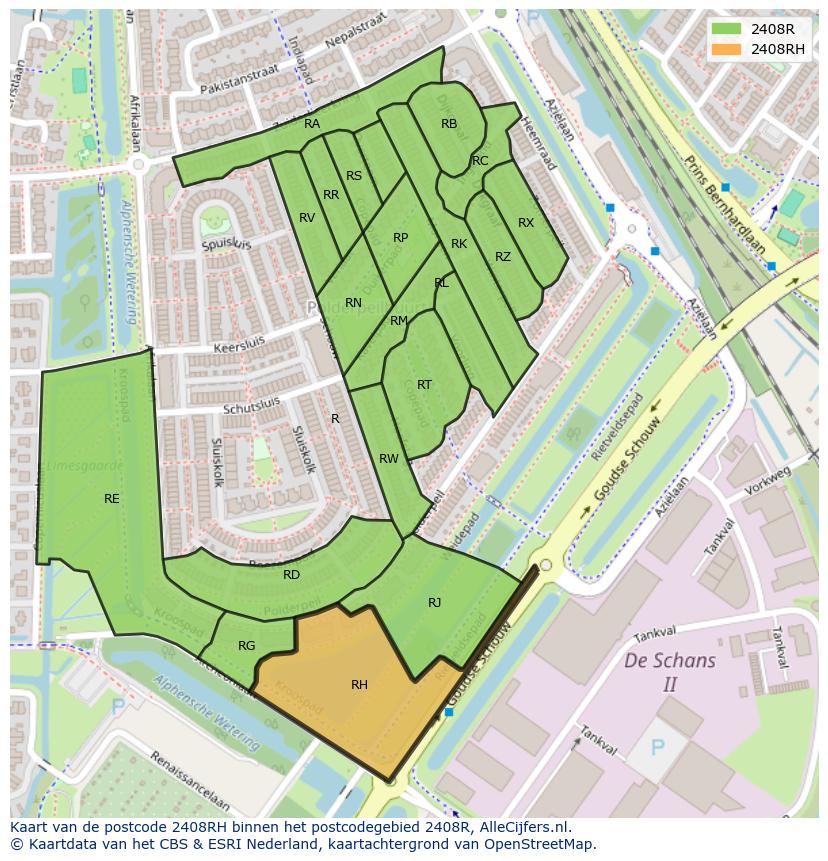 Afbeelding van het postcodegebied 2408 RH op de kaart.