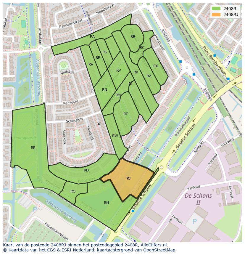 Afbeelding van het postcodegebied 2408 RJ op de kaart.