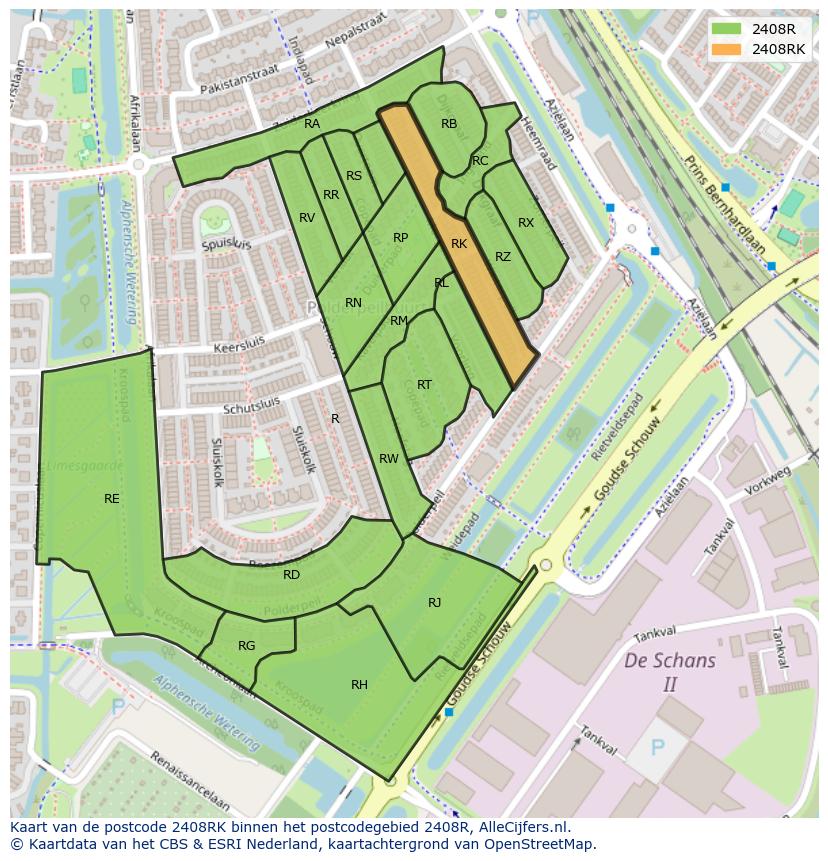 Afbeelding van het postcodegebied 2408 RK op de kaart.