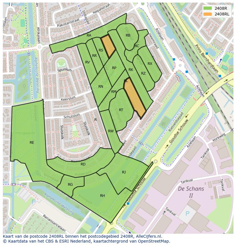 Afbeelding van het postcodegebied 2408 RL op de kaart.