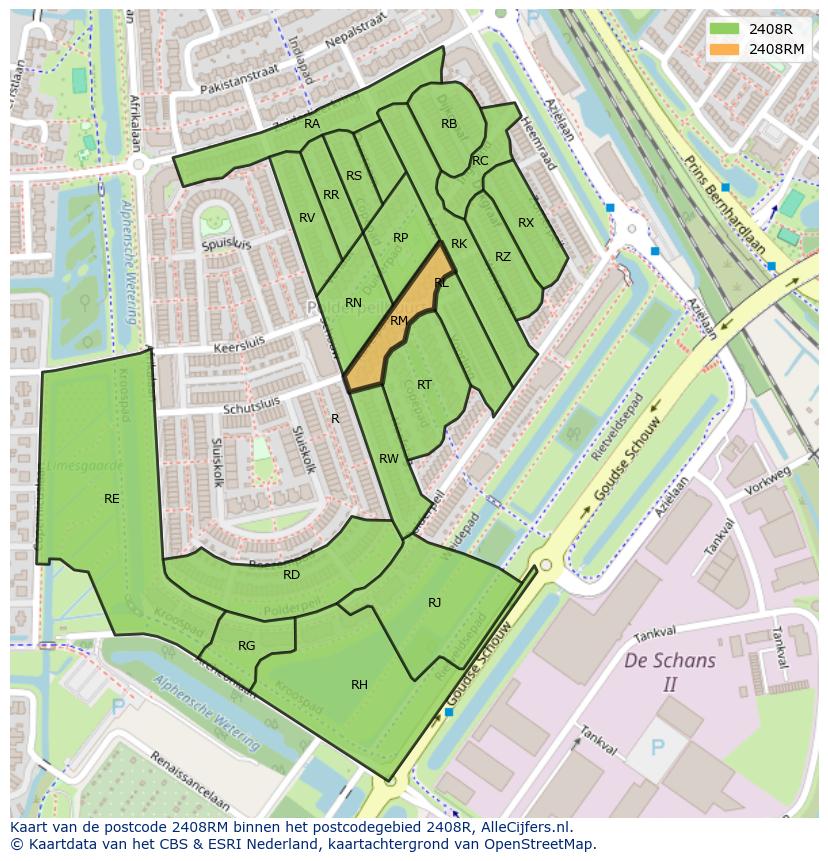 Afbeelding van het postcodegebied 2408 RM op de kaart.